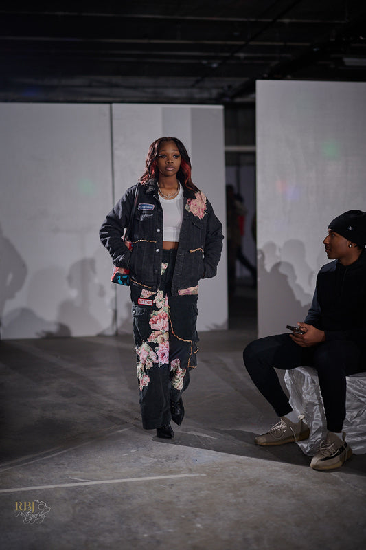 The Art Exhibit Black Denim Floral and Rope Bomber(sm)